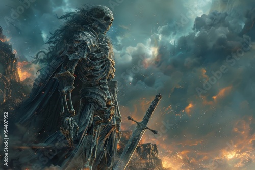 An eerie skeletal warrior stands against a dramatic sky, wielding a sword, embodying themes of fantasy and adventure. photo