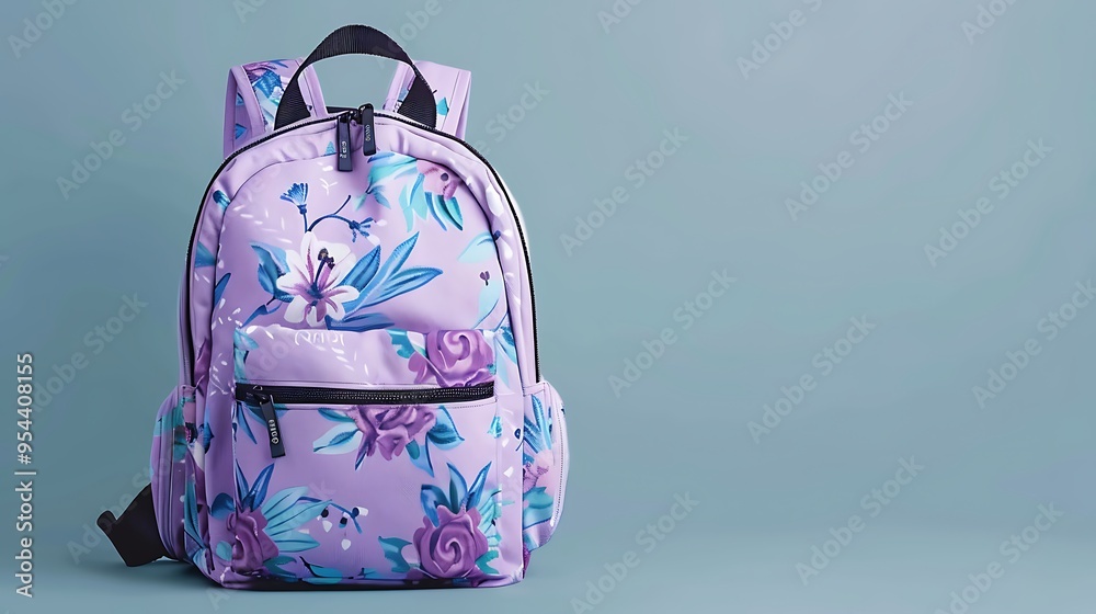 Purple backpack with flowers on a purple background Purple backpack with flowers on a purple background