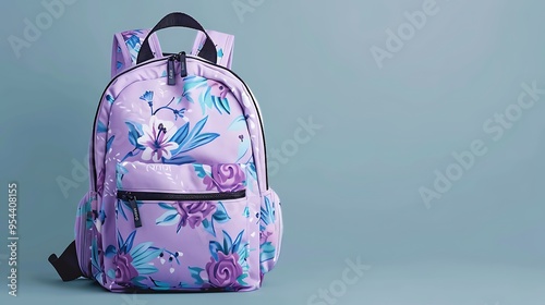 Purple backpack with flowers on a purple background photo