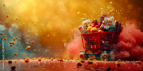 Close-up photography of a Supermarket Shopping Cart or Basket Full of Grocery Products Floating Fresh Fruits and Vegetables on a Lively Landscape Yellow Background. Huge Copy Space