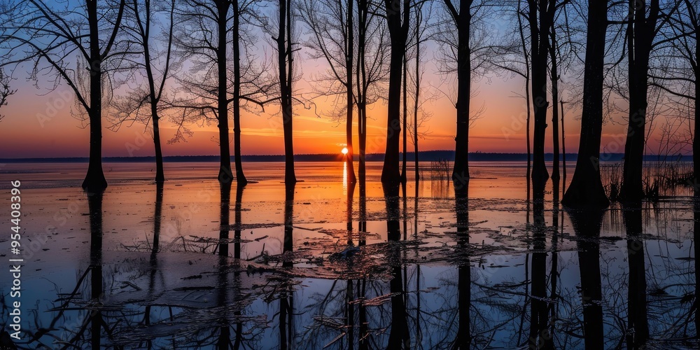 Beautiful sunrise and sunset over flooded lake shore with tree trunks immersed in water and ice creating stunning reflections and dark silhouettes of trees during spring Beautiful sunrise and sunset over flooded lake shore with tree trunks immersed in water and ice creating stunning reflections and dark silhouettes of trees during spring