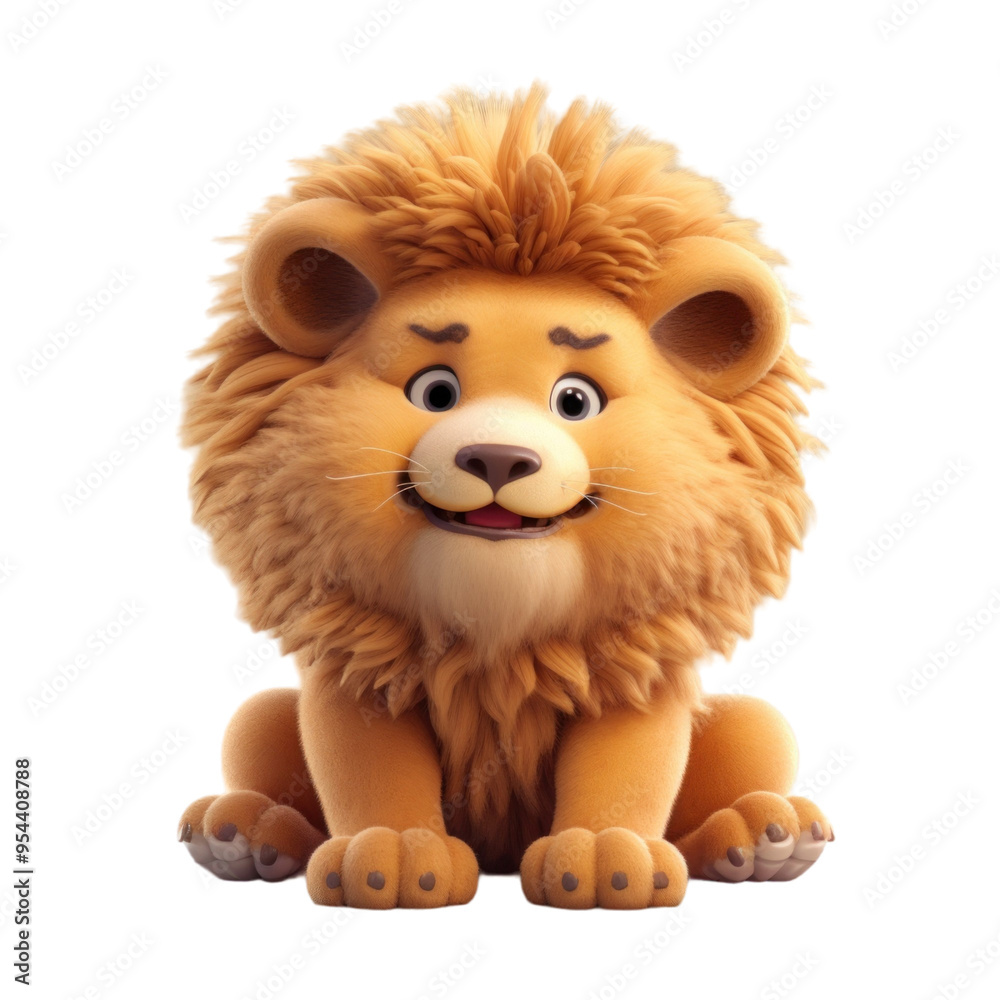 A cute, cartoon lion with a playful expression sits on a black background.