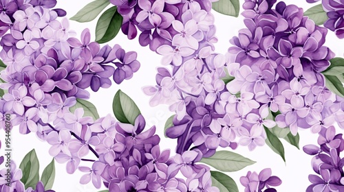 Purple lilac flowers and green leaves in a seamless watercolor pattern, evoking a sense of vintage luxury and elegance