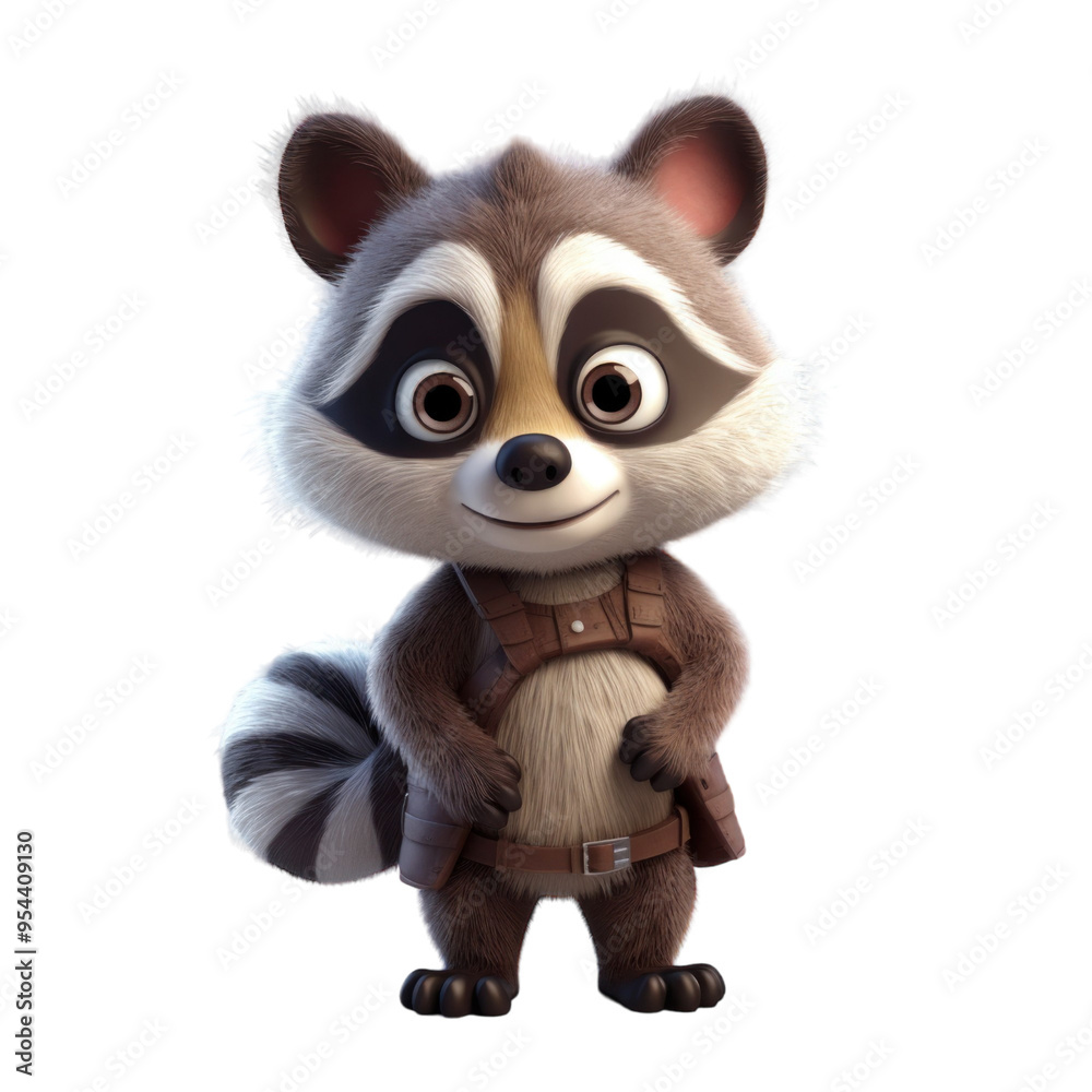 Fototapeta premium A cute, cartoon raccoon with a mischievous grin and a brown leather belt is standing with its paws crossed.