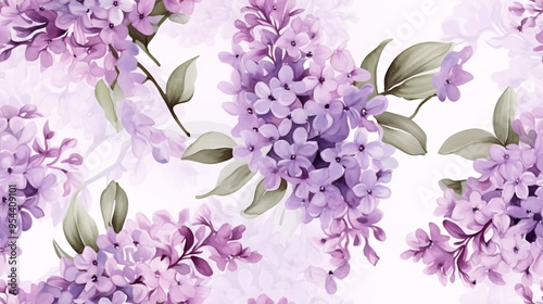 Luxurious seamless pattern of watercolor lilac flowers and leaves, featuring delicate purple blooms and a vintage-inspired design