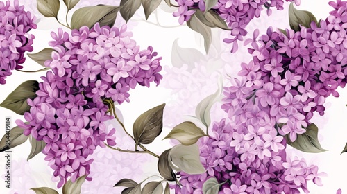 Vintage luxury seamless pattern with watercolor lilac flowers and green leaves, highlighting the elegance of purple blooms