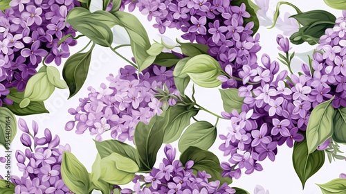 Vintage luxury seamless pattern with watercolor lilac flowers and green leaves, highlighting the elegance of purple blooms
