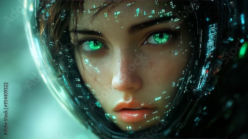 Cyberpunk Woman Connected to Her Spaceship: Matrix-Inspired Cyborg with Combat Gear, Neon Rainbow and White Accents, Featuring Black, Green, and Electric Blue Highlights