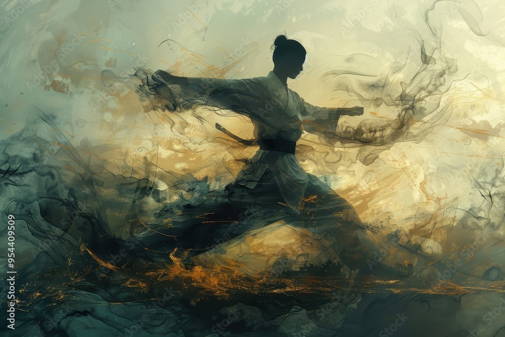 Fototapeta premium Dynamic martial arts silhouette against an abstract, smoky background, embodying strength and fluidity in motion.