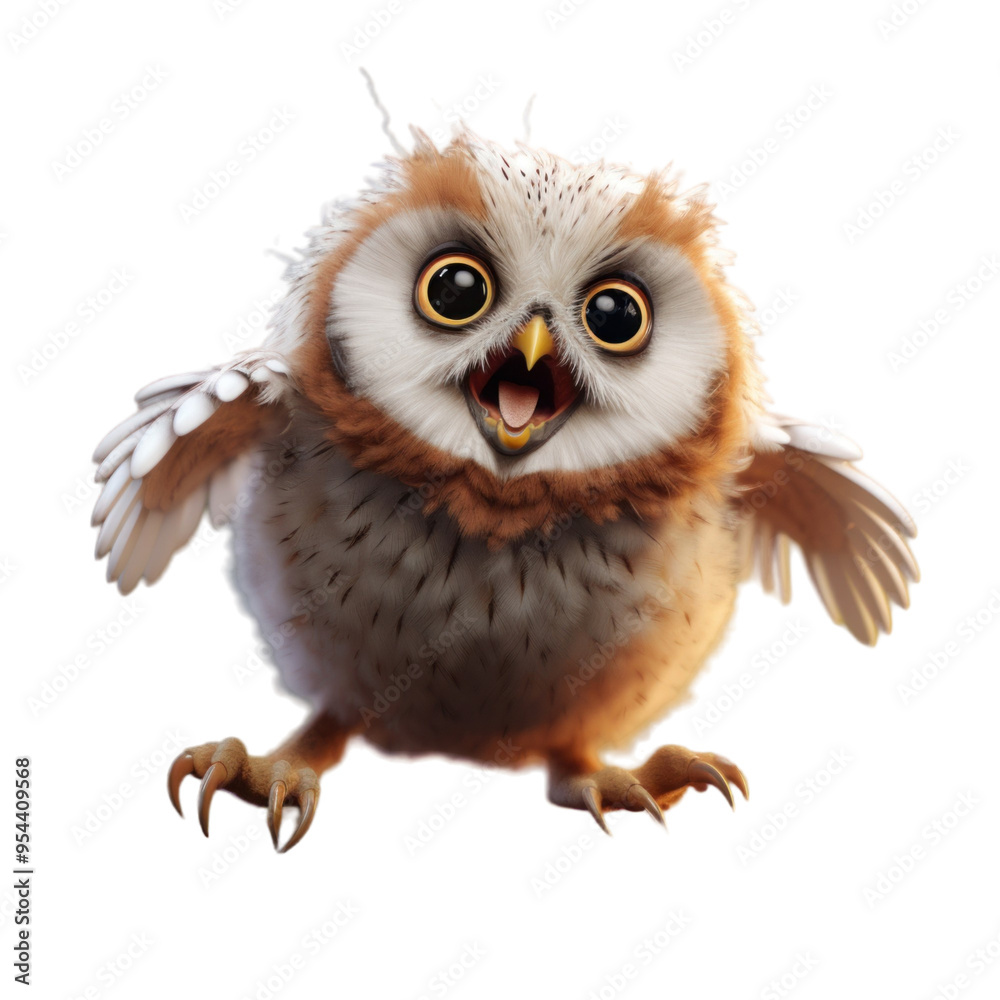 Fototapeta premium A cute, cartoon-like owl with big eyes and open beak, looking cheerful.