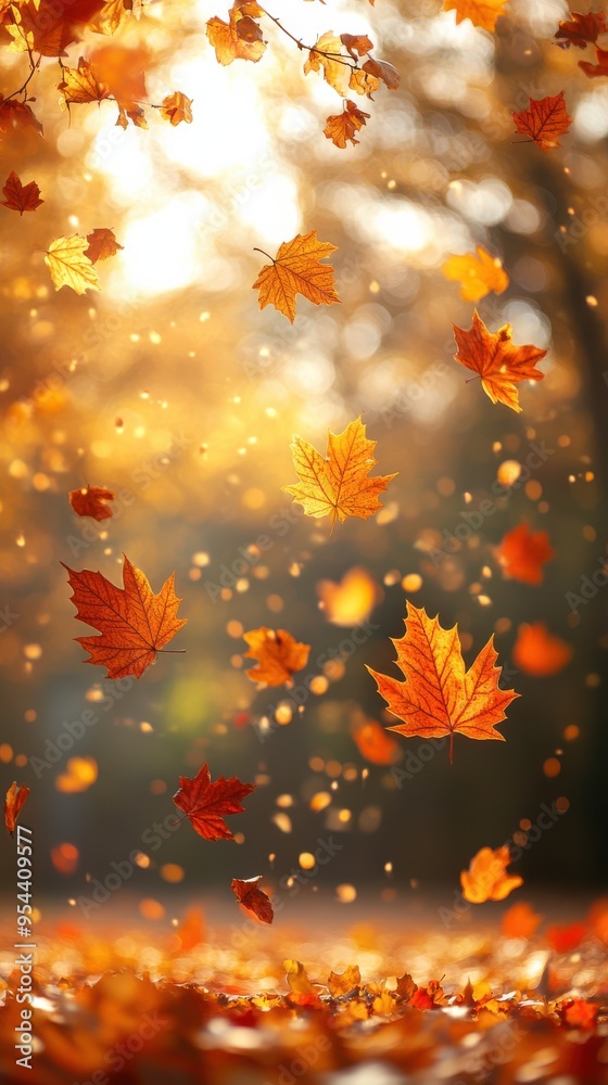 Golden autumn trees and falling maple leaves on a blurred background Golden autumn trees and falling maple leaves on a blurred background