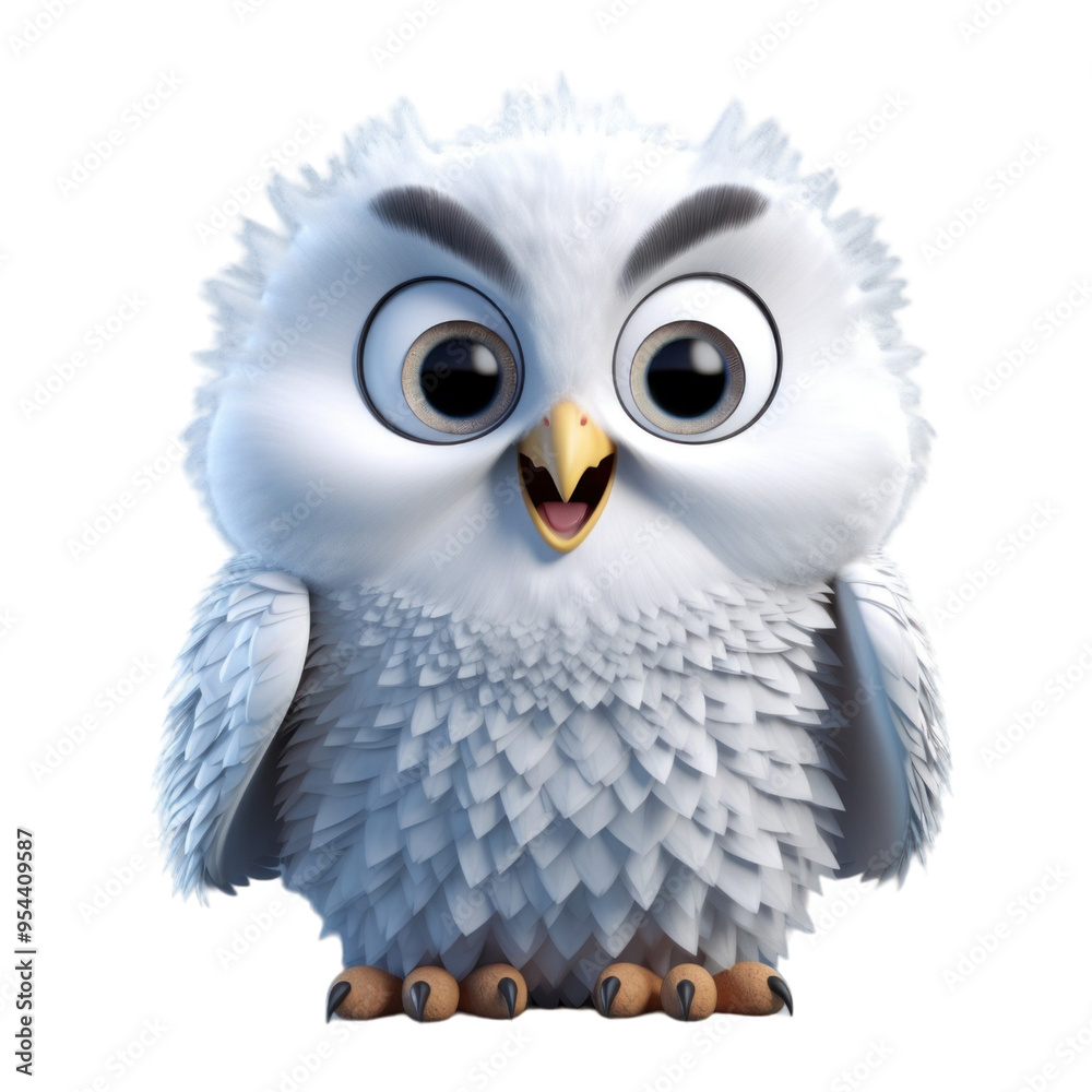 Obraz premium A cute, cartoon, white snowy owl with big eyes and a yellow beak, rendered in 3D.