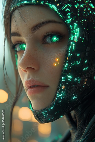 Cyberpunk Woman Connected to Her Spaceship: Matrix-Inspired Cyborg with Combat Gear, Neon Rainbow and White Accents, Featuring Black, Green, and Electric Blue Highlights
