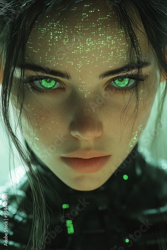 Cyberpunk Woman Connected to Her Spaceship: Matrix-Inspired Cyborg with Combat Gear, Neon Rainbow and White Accents, Featuring Black, Green, and Electric Blue Highlights