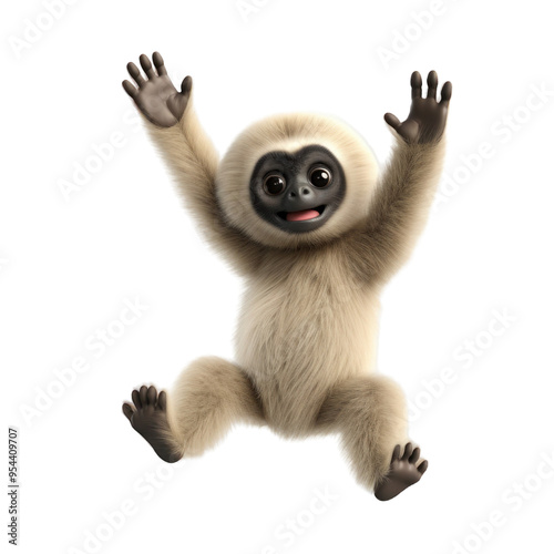 A cute, cartoon-style baby gibbon with a white coat of fur, sitting with arms outstretched, on a black background.