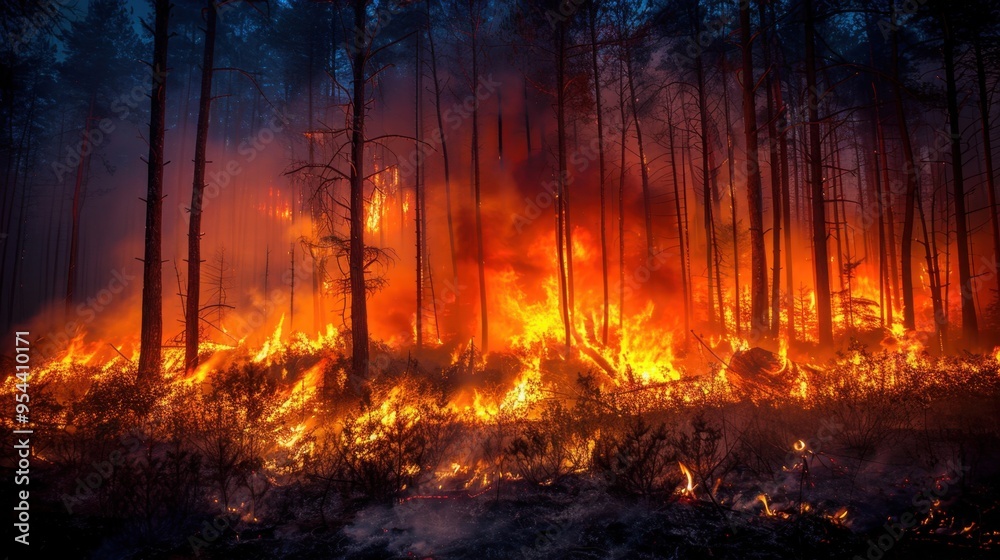 Wildfire: A fast-moving fire in dry forests or grasslands, driven by strong winds, causing widespread damage and requiring large-scale evacuations. Wildfire: A fast-moving fire in dry forests or grasslands, driven by strong winds, causing widespread damage and requiring large-scale evacuations.