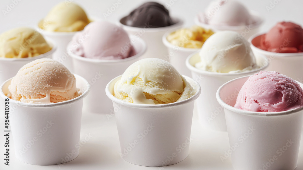 A photorealistic image of white paper cups filled with pistachio ice cream, with finely A photorealistic image of white paper cups filled with pistachio ice cream, with finely