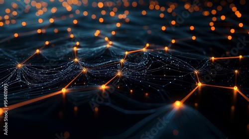 Dark-themed neural network concept with glowing nodes forming intricate, abstract patterns