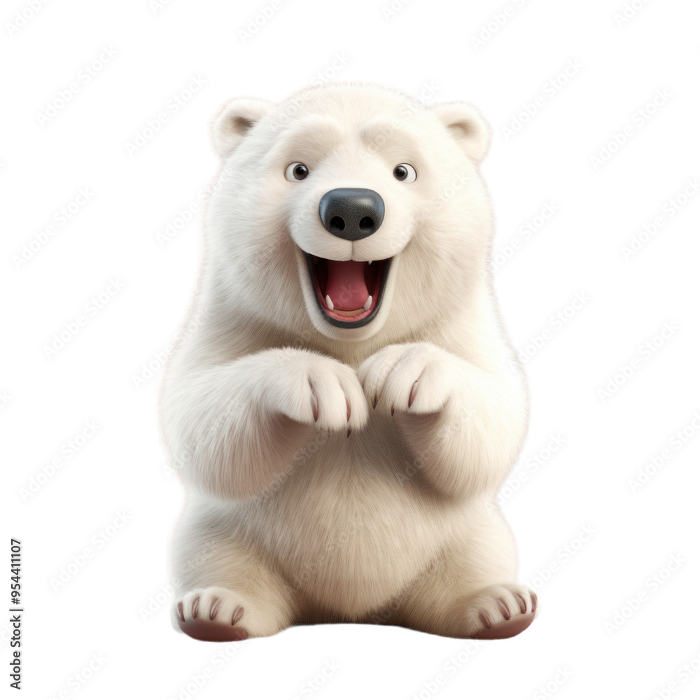 Obraz premium A cute, cartoon-style polar bear with a big smile sitting on its hind legs.