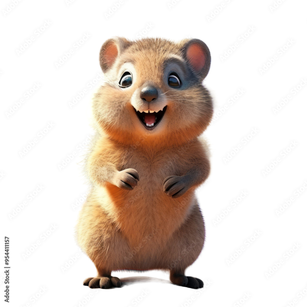 Fototapeta premium A cute, cartoon-style quokka with a big smile, standing on its hind legs.