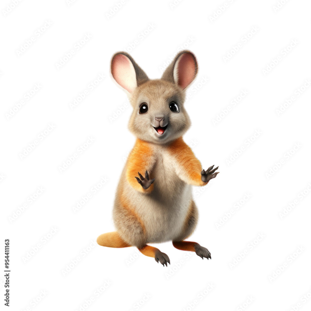 Fototapeta premium A cute, cartoon-style quokka with big ears, a fluffy tail, and a big smile, isolated on a black background.