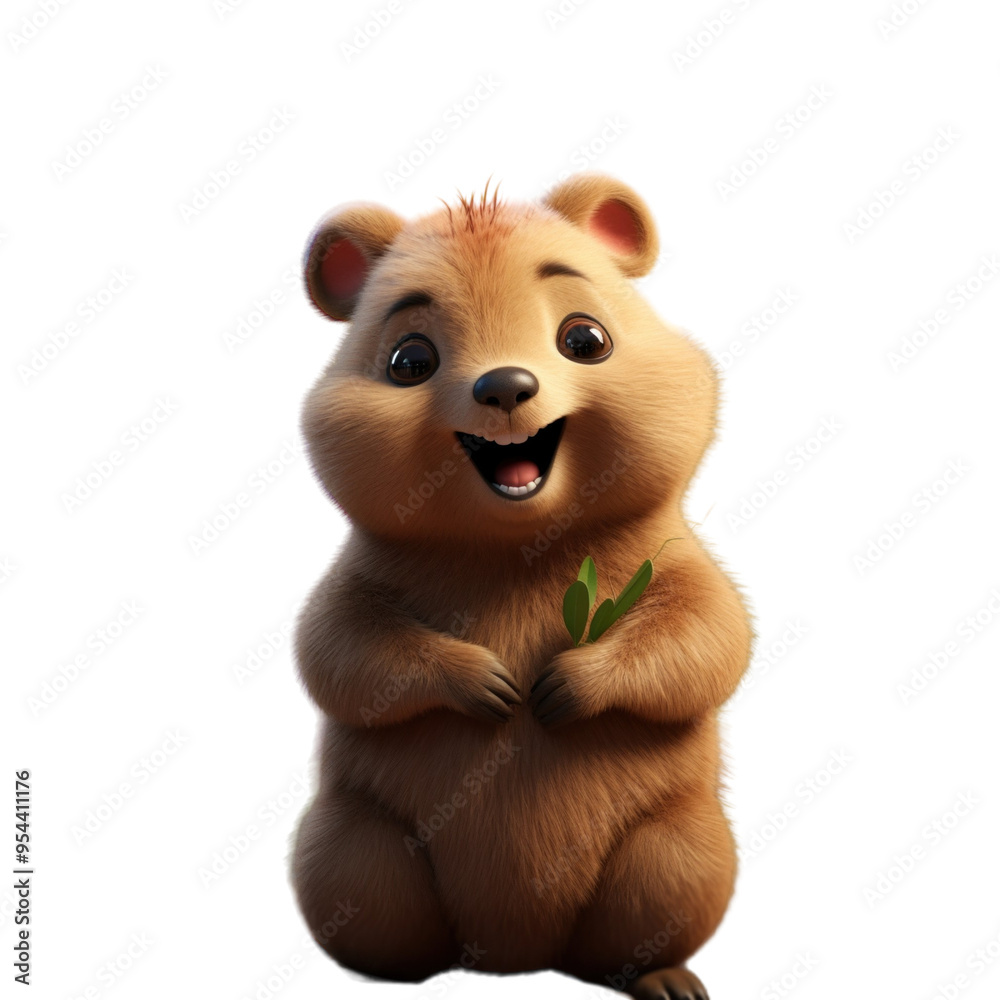 A cute, cartoon-style quokka with big eyes and a happy expression, sitting and holding green leaves. A cute, cartoon-style quokka with big eyes and a happy expression, sitting and holding green leaves.