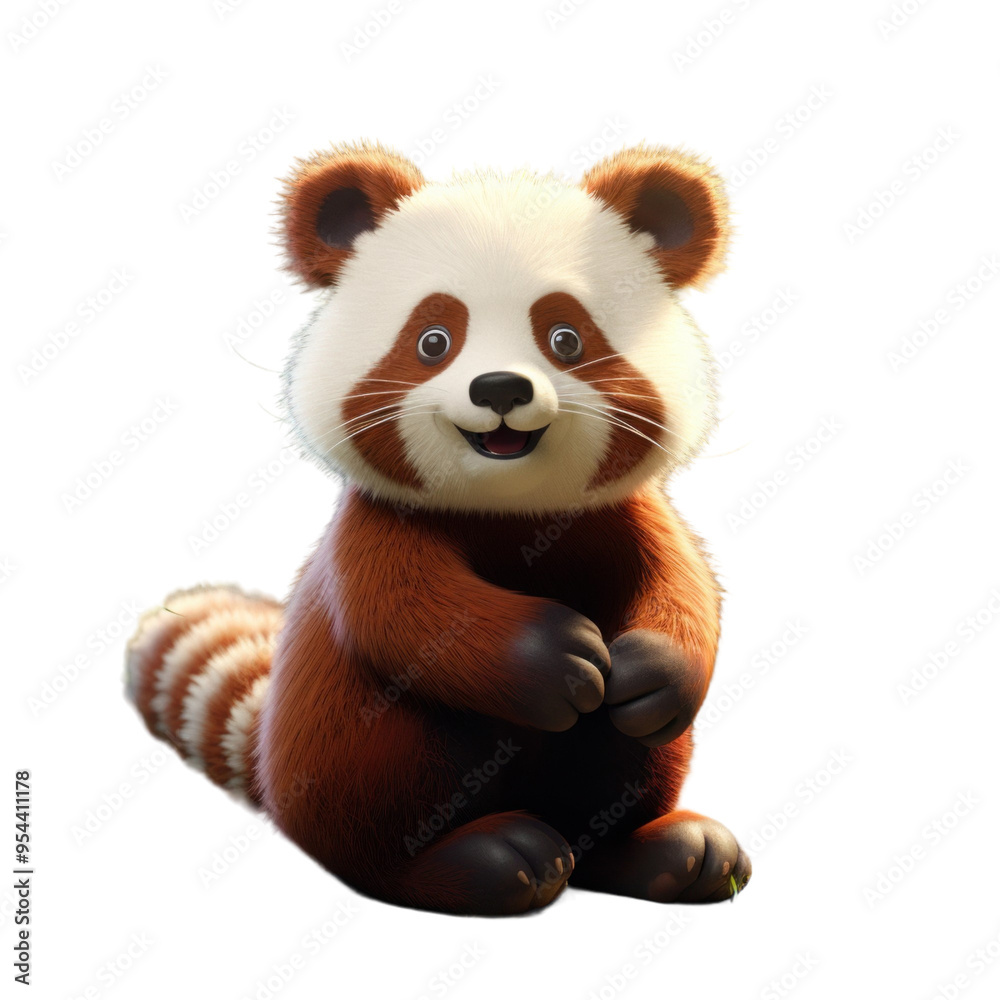A cute, cartoon-style red panda with a happy expression, sitting with its paws crossed, isolated on a black background.
