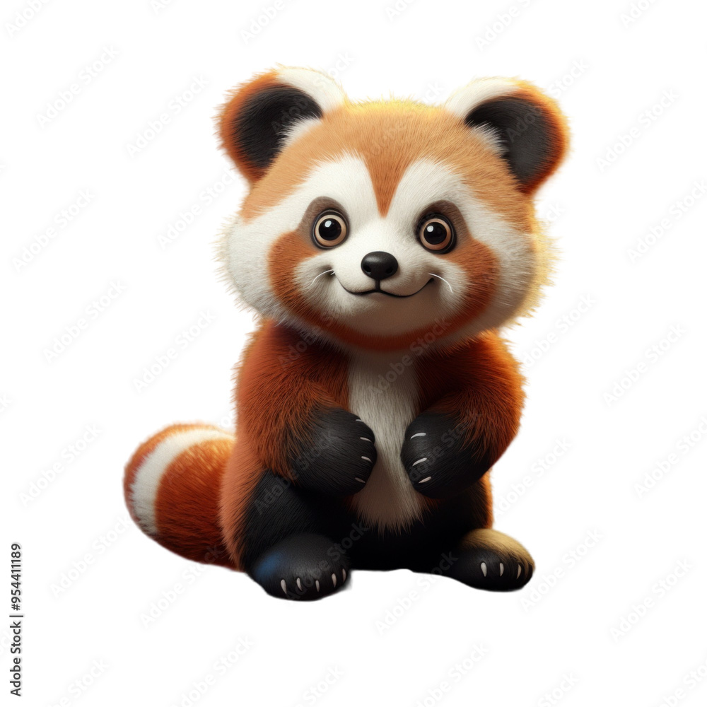 A cute, cartoon-style red panda with a white chest, black paws, and a fluffy tail, sitting on a black background. A cute, cartoon-style red panda with a white chest, black paws, and a fluffy tail, sitting on a black background.