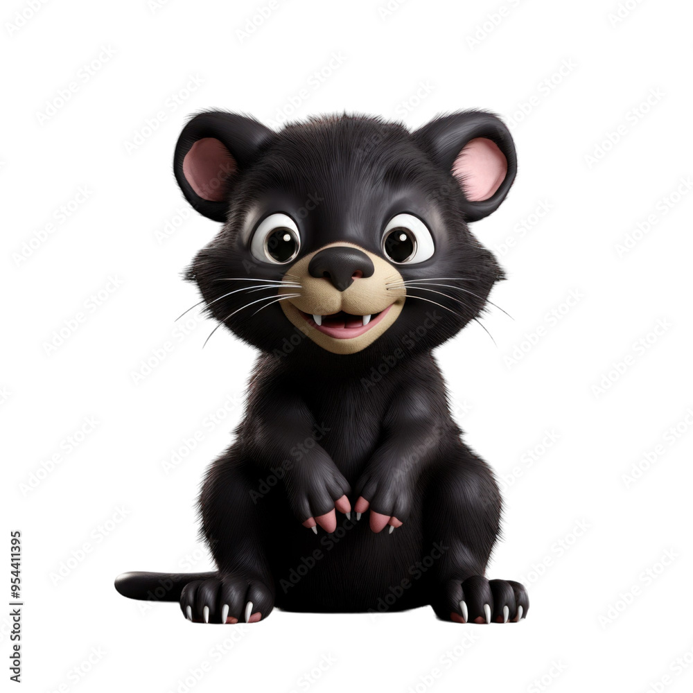 Obraz premium A cute, cartoon-style Tasmanian devil with black fur, pink ears and nose, and a big smile, sitting on a black background.