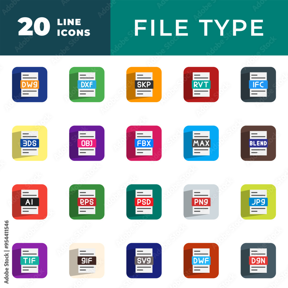 A set of file format icons ideal for presentations and reports. File format icons with flat style and attractive colors. A set of file format icons ideal for presentations and reports. File format icons with flat style and attractive colors.