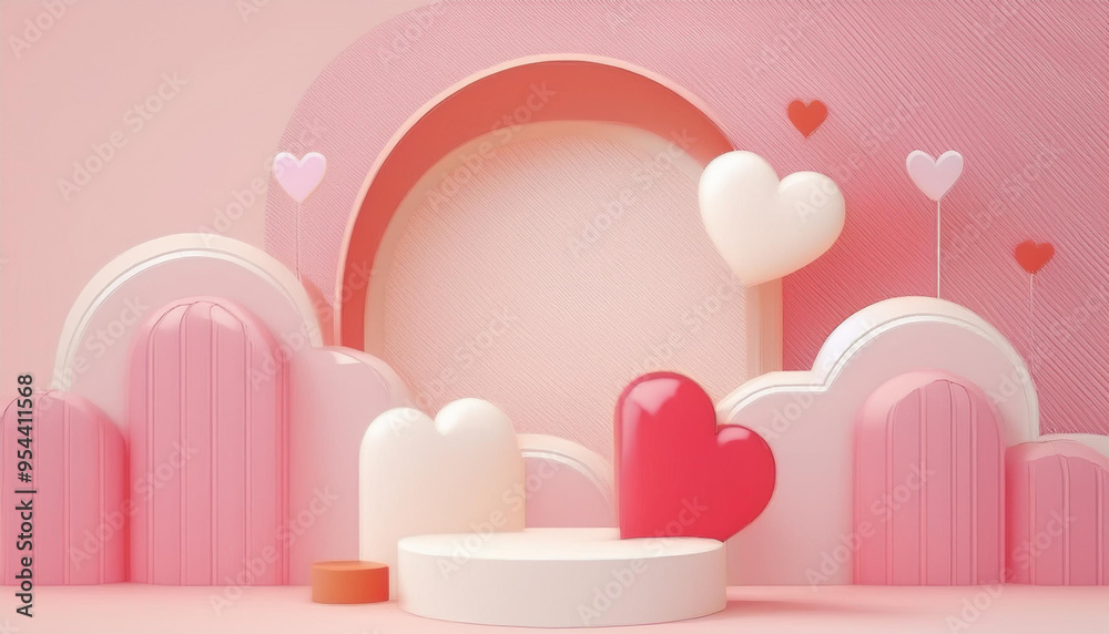 3D rendering of minimal scene of blank podium with Valentine's Day theme. Display stand for product presentation mock up. Cylinder stage in sweet lovely pink color with simple design 3D rendering of minimal scene of blank podium with Valentine's Day theme. Display stand for product presentation mock up. Cylinder stage in sweet lovely pink color with simple design