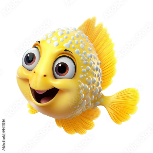 A cute, cartoon-style yellow fish with white spots, smiling and looking to the right.