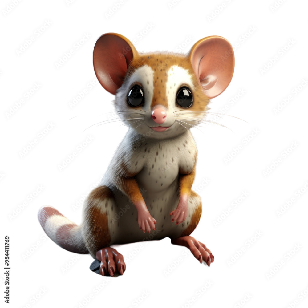 Obraz premium A cute, cartoon-style, white and brown mouse with large ears, small pink paws, and a gentle expression, sitting on a black background.
