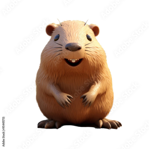 A cute, cartoon-style, brown rodent with a big smile, standing on its hind legs.