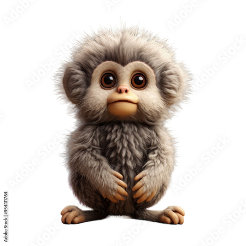 A cute, cartoon-style, gray and white monkey with big brown eyes, sitting and looking at the camera.