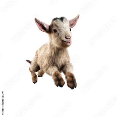 A cute, fluffy baby goat with big ears and brown eyes is leaping in mid-air.