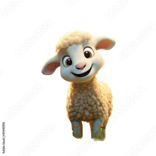 A cute, fluffy lamb with big, innocent eyes stands in a field of grass, smiling.