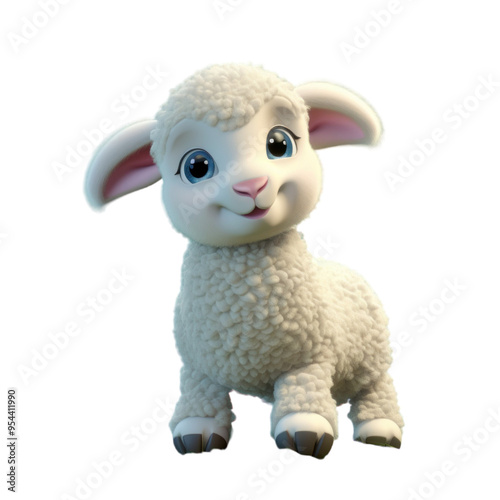 A cute, fluffy white lamb with big blue eyes smiles at the camera.