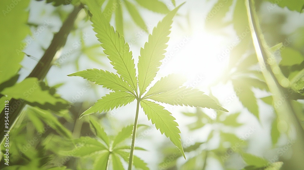 The sun shines brightly through the leaves of a tree, like a plant in the foreground, against a blurred green background of foliage The sun shines brightly through the leaves of a tree, like a plant in the foreground, against a blurred green background of foliage