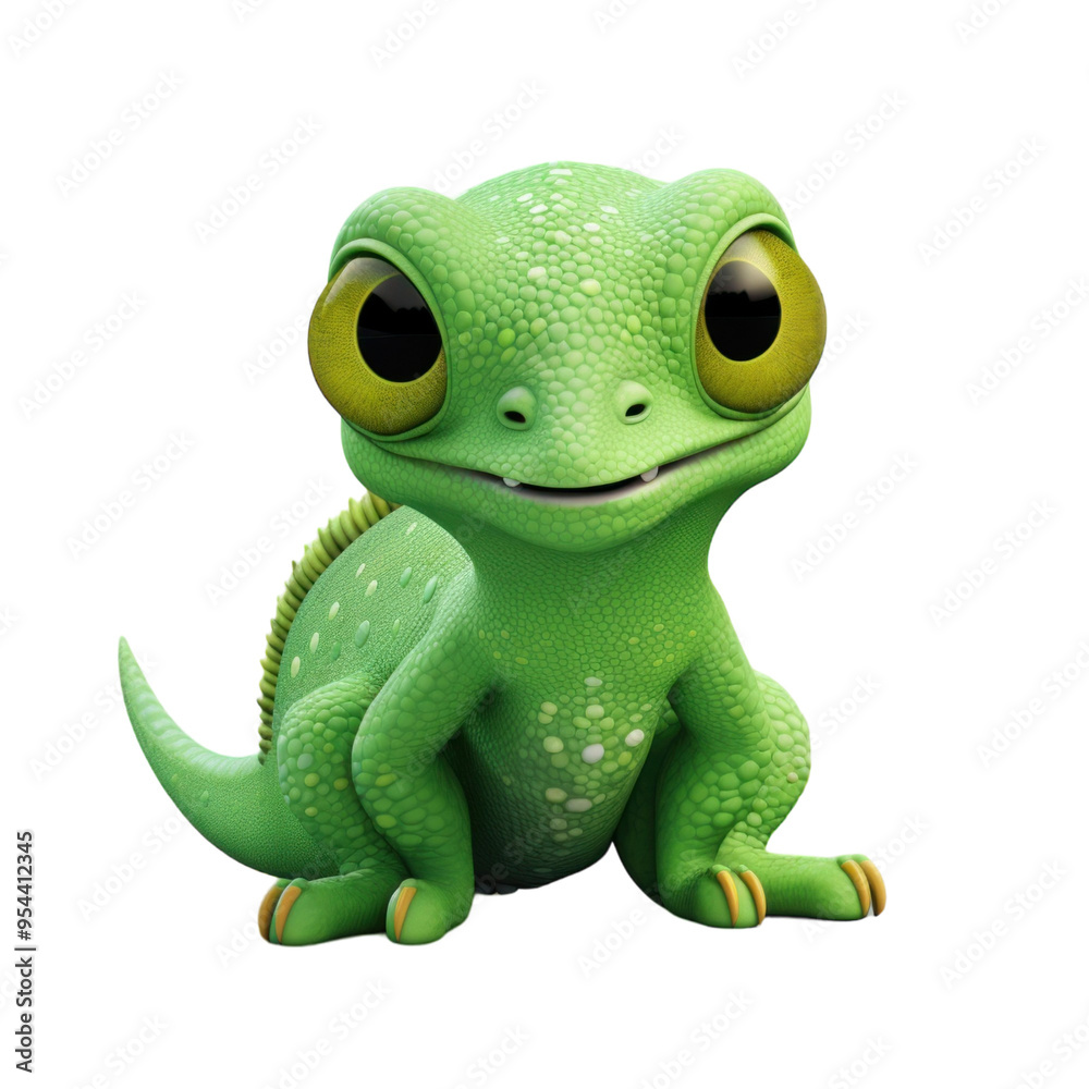 Obraz premium A cute, green cartoon lizard with big, yellow eyes and a friendly smile.