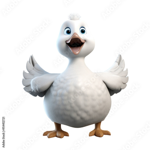 A cute, white duckling with its wings outstretched, looking cheerful with a big smile and open beak, isolated on a black background.