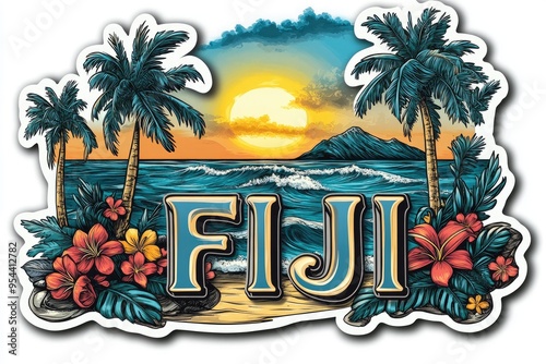 Fiji sunset beach scene with palm trees and hibiscus flowers illustration photo