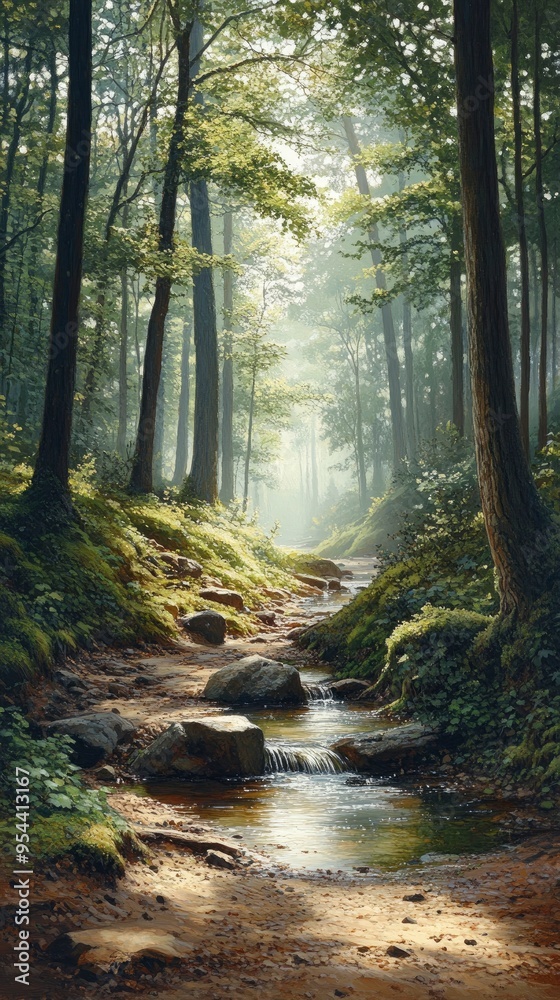 Obraz premium Forest stream, with moss-covered rocks and clear water, under dappled sunlight