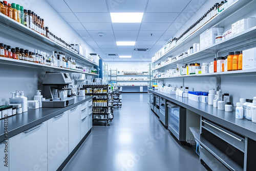 Modern laboratory with organized shelves and scientific equipment. photo