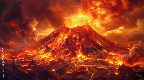 Volcanic Eruption: The sudden and explosive release of magma, ash, and gases from a volcano, causing dangerous pyroclastic flows, ashfall, and climate disturbances.
 photo