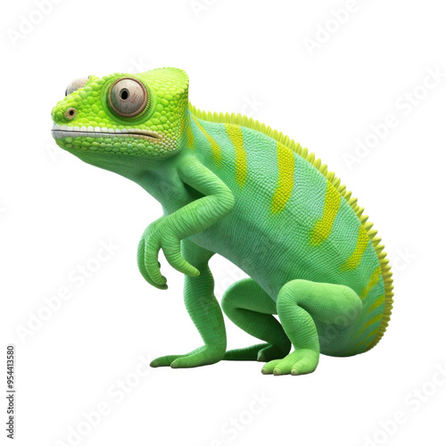 A green chameleon with yellow stripes is sitting on a black background.