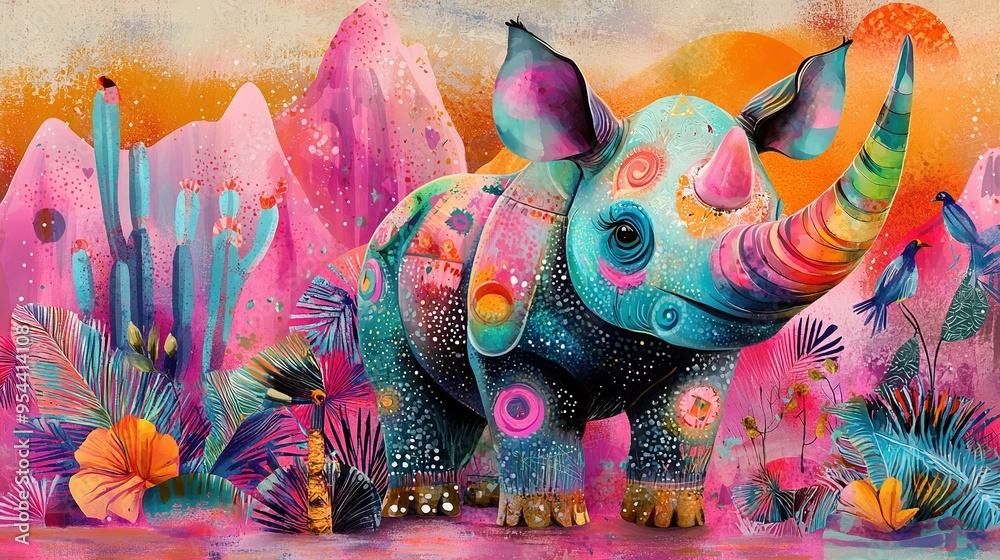 Rhino in Flowers - A painting of a vibrant rhino surrounded by blooming plants and flowers, set against the backdrop of an orange sky Rhino in Flowers - A painting of a vibrant rhino surrounded by blooming plants and flowers, set against the backdrop of an orange sky