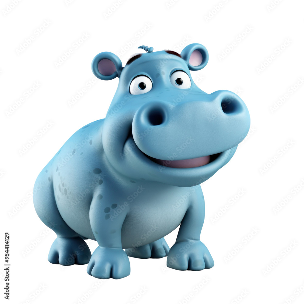 A light blue cartoon hippopotamus with a friendly smile, standing on a white background. A light blue cartoon hippopotamus with a friendly smile, standing on a white background.