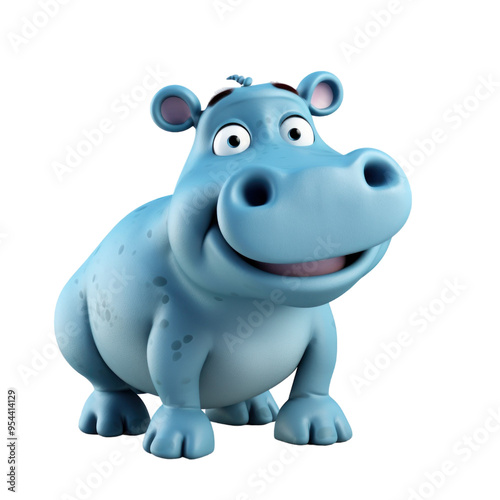 A light blue cartoon hippopotamus with a friendly smile, standing on a white background.