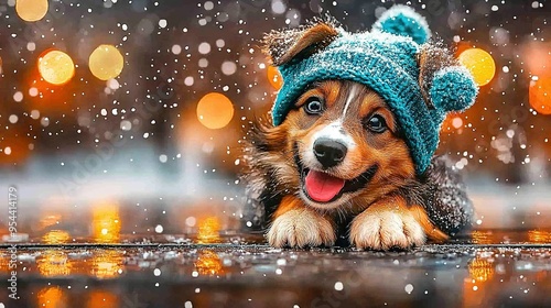   A brown and white dog in a blue knitted hat with a matching blue pom-pom © Shanti